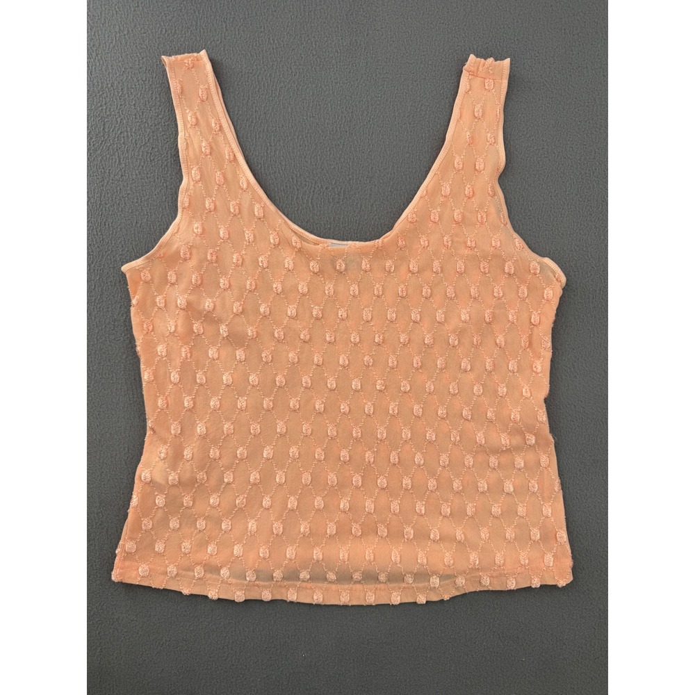 VTG Y2K Worn Out Lingerie Tank Top 1X Peach Mesh Embroidered Sexy Retro Coquette